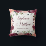 Burgundy Blush Floral Fall Wedding Throw Pillow<br><div class="desc">This pillow features watercolor blush pink and burgundy roses with green leaves and foliage. Personalize it with names and date. This pillow is part of a collection which includes matching wedding stationery and gifts. Please visit our store or view our collection pages to see the full range of products that...</div>