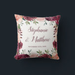 Burgundy Blush Floral Fall Wedding Throw Pillow<br><div class="desc">This pillow features watercolor blush pink and burgundy roses with green leaves and foliage. Personalize it with names and date. This pillow is part of a collection which includes matching wedding stationery and gifts. Please visit our store or view our collection pages to see the full range of products that...</div>
