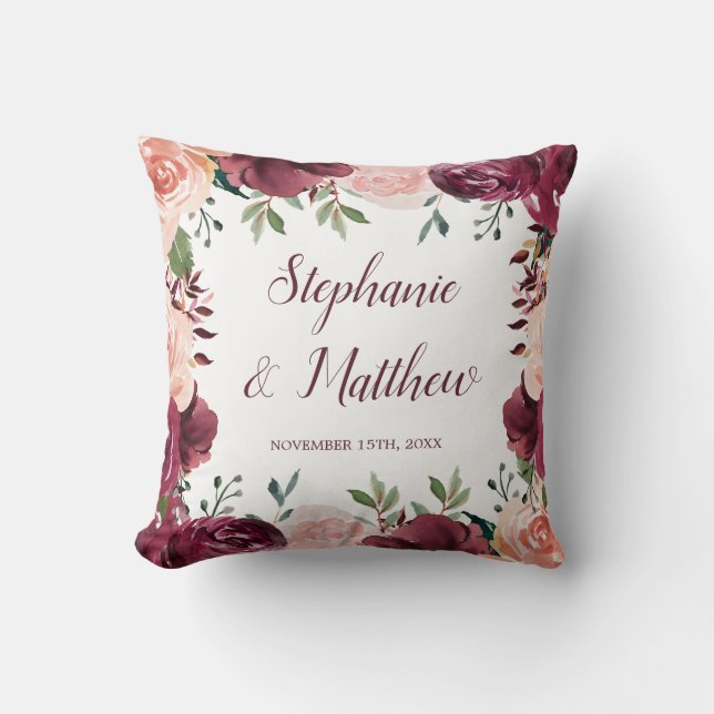 Burgundy Blush Floral Fall Wedding Throw Pillow (Front)
