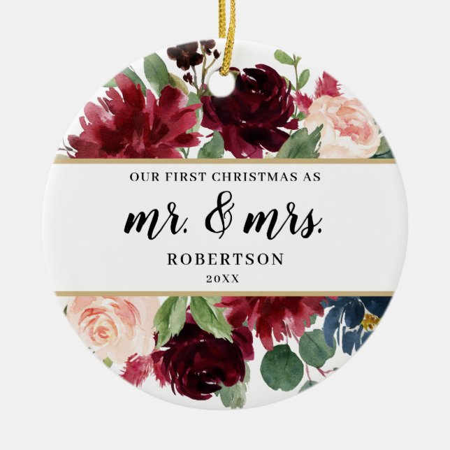 Burgundy Blush Floral First Christmas Ceramic Ornament (Front)