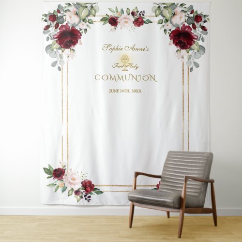 Burgundy Blush Floral First Holy Communion Prop Tapestry