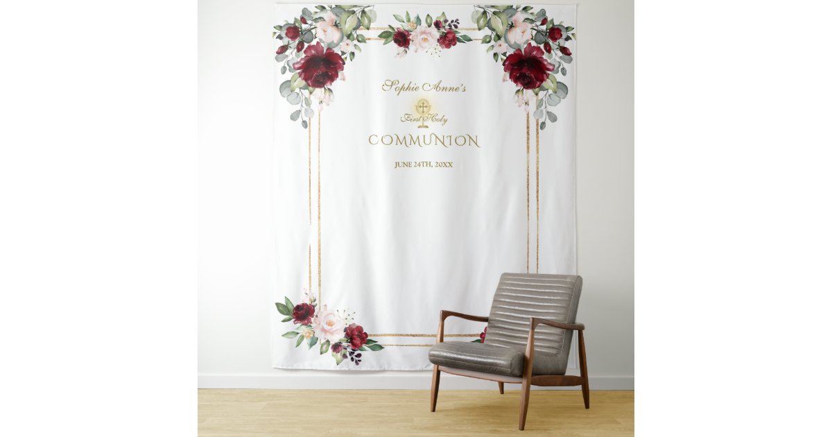 Burgundy Blush Floral First Holy Communion Prop Tapestry | Zazzle