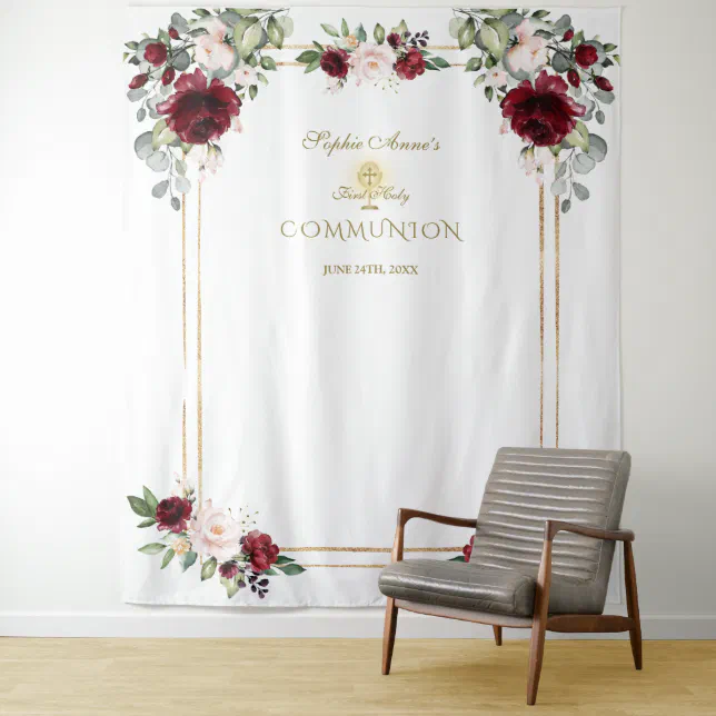Burgundy Blush Floral First Holy Communion Prop Tapestry | Zazzle
