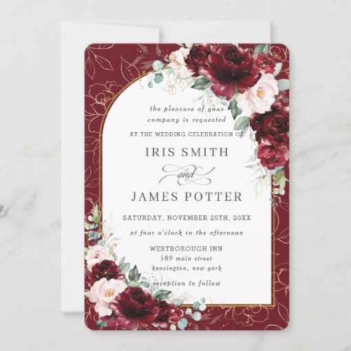 Burgundy Blush Floral Flowers Arch Gold Wedding Invitation | Zazzle