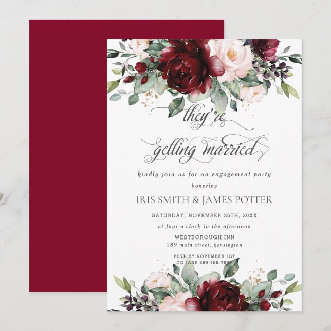 Burgundy Blush Floral Flowers Engagement Party  Invitation (Front/Back)