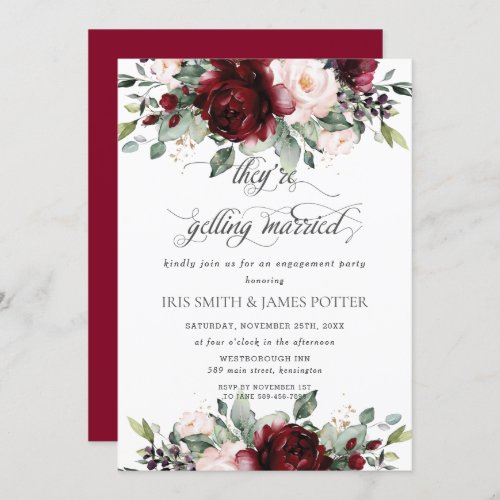 Burgundy Blush Floral Flowers Engagement Party  Invitation