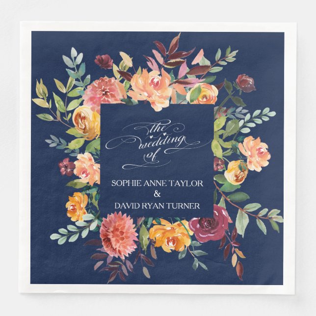 Burgundy Blush Floral Frame Dark Blue Wedding Paper Dinner Napkins (Front)