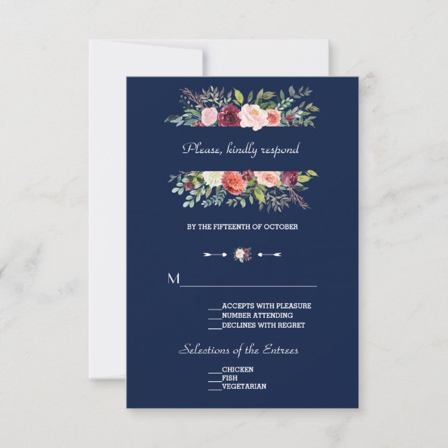 Burgundy Blush Floral Frame Dark Blue Wedding RSVP Card (Front)
