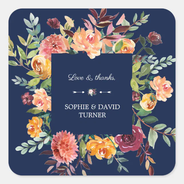 Burgundy Blush Floral Frame Dark Blue Wedding Square Sticker | Zazzle