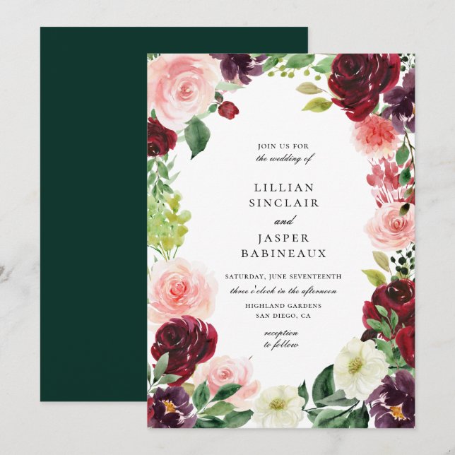 Burgundy Blush Floral Frame Wedding Invitation (Front/Back)