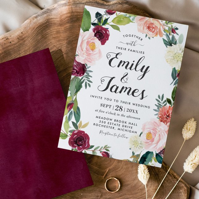 Burgundy Blush Floral Frame Wedding Invitation (Creator Uploaded)