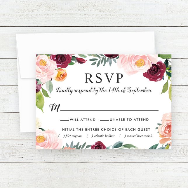 Burgundy Blush Floral Frame with Meal RSVP Card (Creator Uploaded)