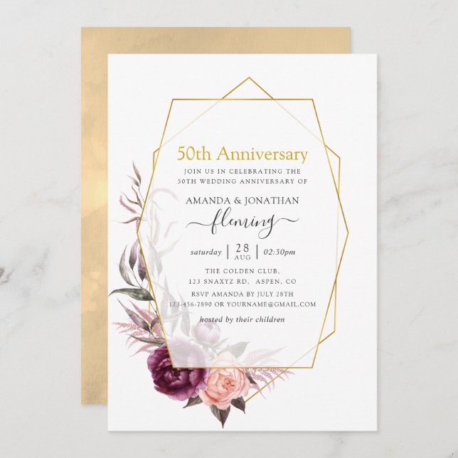 Burgundy & Blush Floral Geometric 50th Anniversary Invitation (Front/Back)
