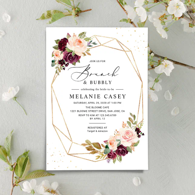 Burgundy Blush Floral Geometric Brunch and Bubbly Invitation | Zazzle