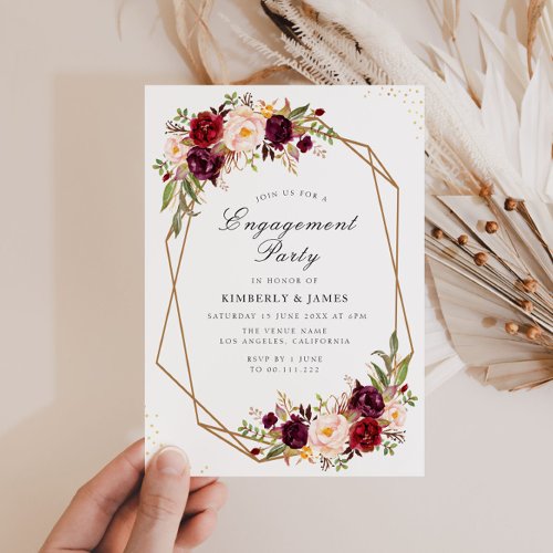 Burgundy  blush floral geometric engagement party invitation