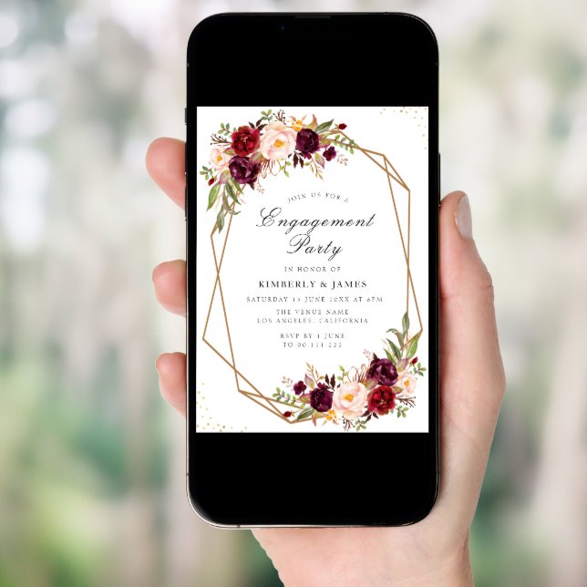 Burgundy & blush floral geometric engagement party invitation (Front Digital)
