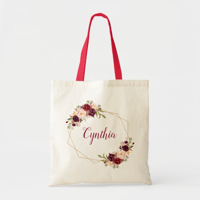 Burgundy Blush Floral Geometric Frame Bridesmaid Tote Bag (Front)