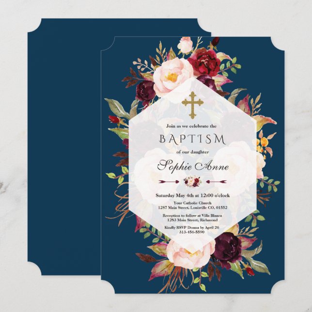 Burgundy Blush Floral Geometric Navy Boyl Baptism Invitation (Front/Back)