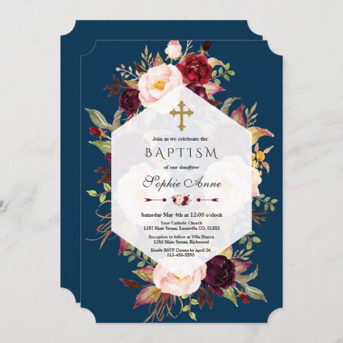 Burgundy Blush Floral Geometric Navy Boyl Baptism Invitation