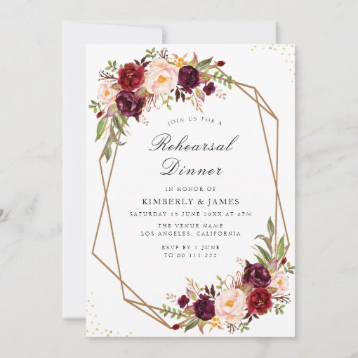 burgundy & blush floral geometric rehearsal dinner invitation | Zazzle