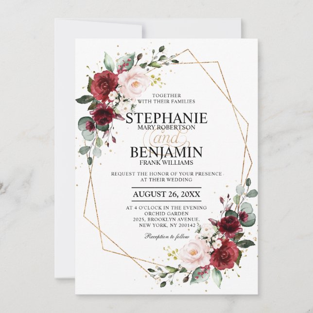 Burgundy Blush Floral Geometric Wedding Invitation (Front)
