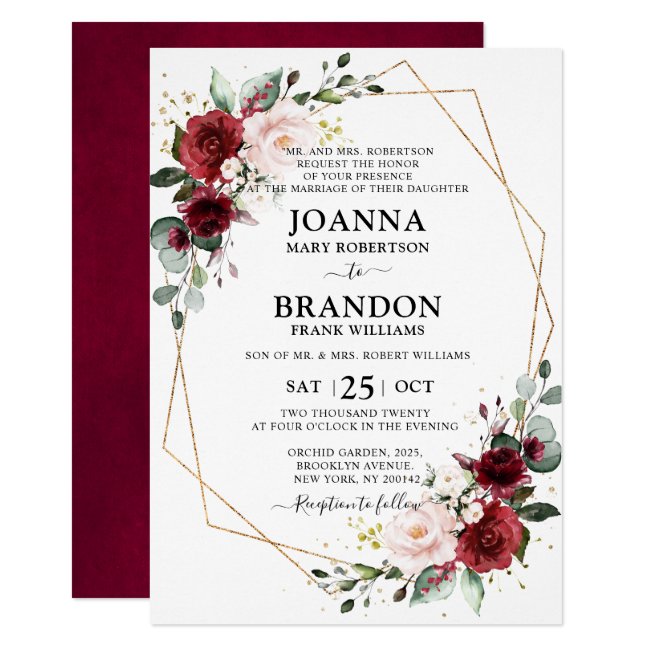 Burgundy Blush Floral Geometric Wedding Invitation
