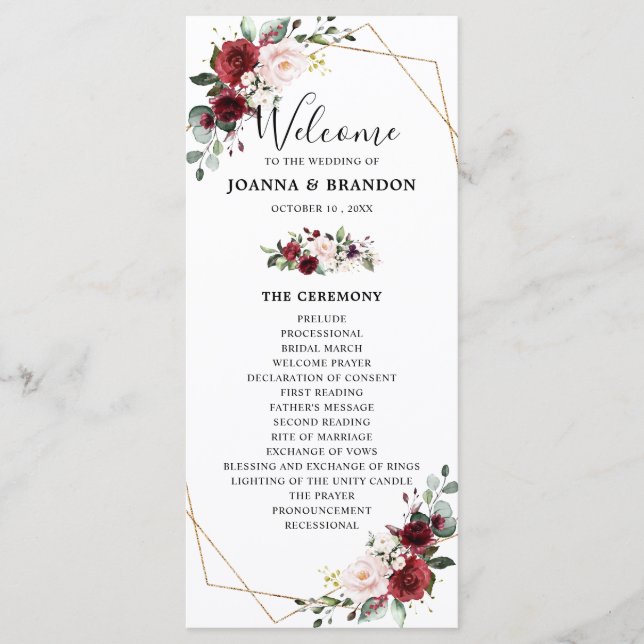 Burgundy Blush Floral Geometric Wedding Reception Program (Front)