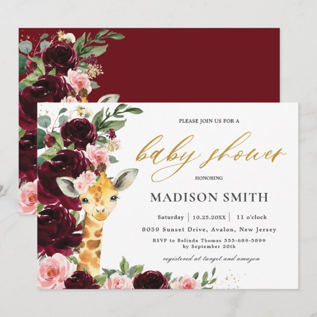 Burgundy Blush Floral Giraffe Baby Shower     Invitation (Front/Back)