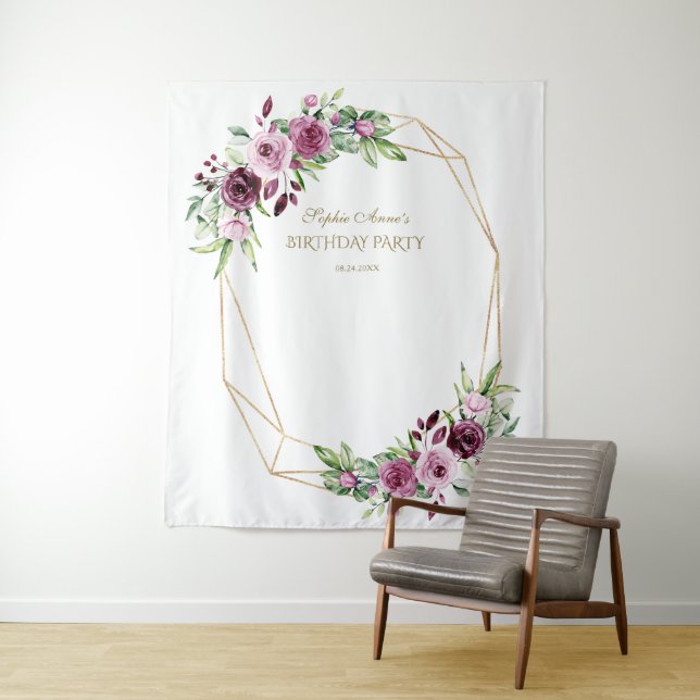 Burgundy Blush Floral Gold Birthday Photo Prop Tapestry (In Situ)