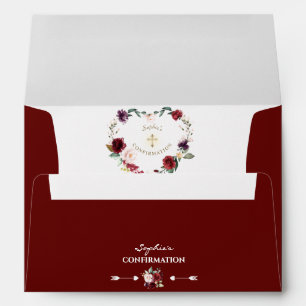 Burgundy Blush Floral Gold Cross Girl Confirmation Envelope