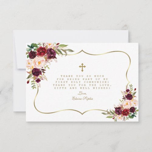 Burgundy Blush Floral Gold Cross Holy Communion Thank You Card
