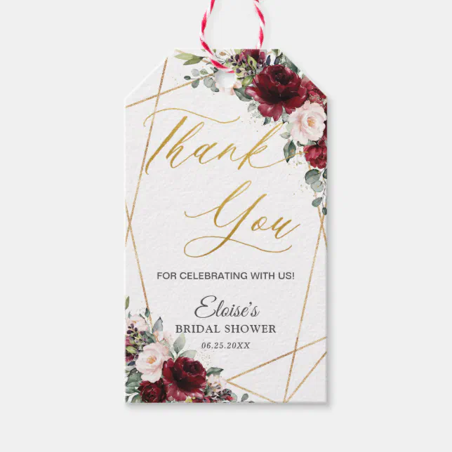 Burgundy Blush Floral Gold Favor Thank You Gift Tags | Zazzle