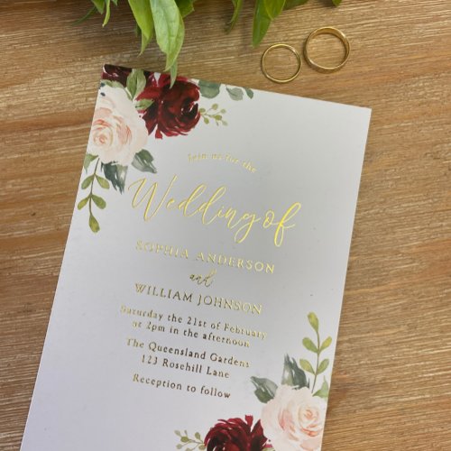 Burgundy  Blush Floral Gold Foil Text Wedding Foil Invitation