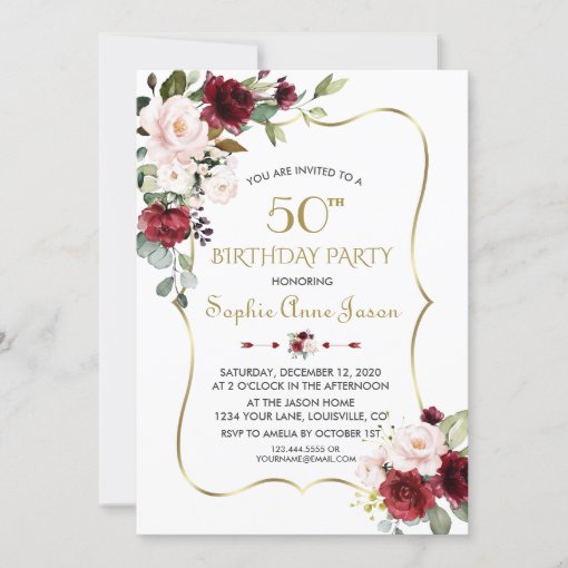 Burgundy Blush Floral Gold Frame 50th Birthday Invitation | Zazzle