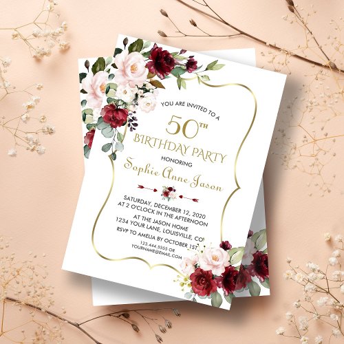 Burgundy Blush Floral Gold Frame 50th Birthday Invitation