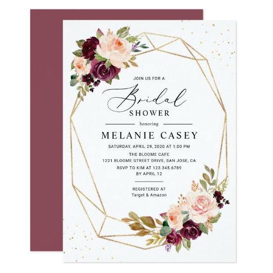 Burgundy Blush Floral Gold Geometric Bridal Shower Invitation