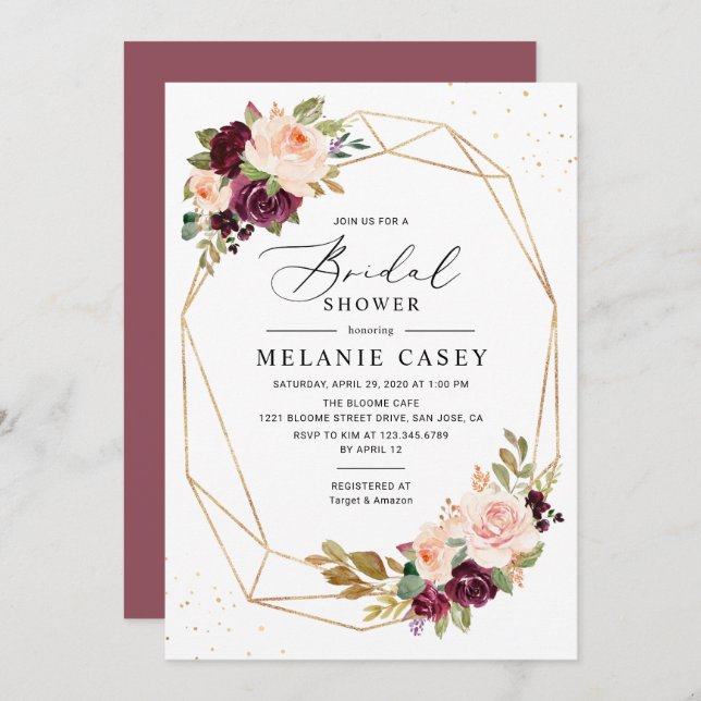Burgundy Blush Floral Gold Geometric Bridal Shower Invitation (Front/Back)