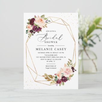 Burgundy Blush Floral Gold Geometric Bridal Shower Invitation | Zazzle