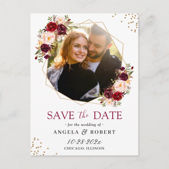 Burgundy Blush Floral Gold Geometric Save the Date Postcard (Front)