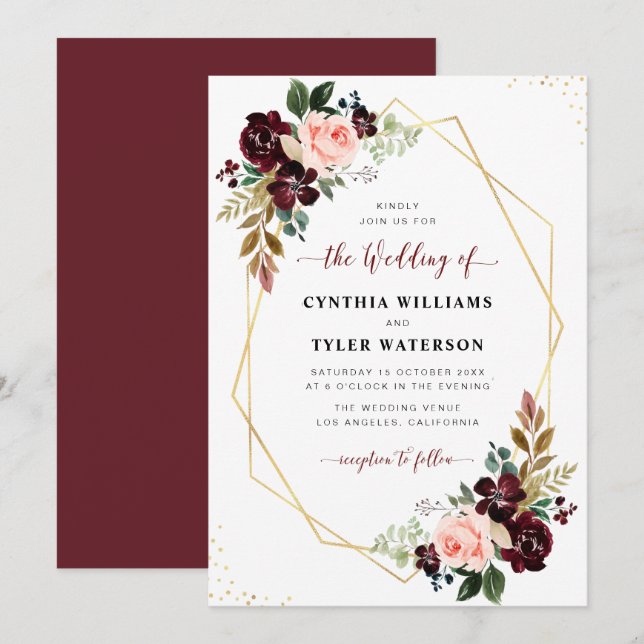 burgundy & blush floral gold geometric wedding invitation (Front/Back)