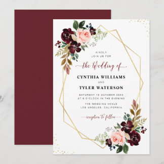 burgundy & blush floral gold geometric wedding invitation