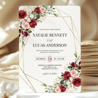 Burgundy Blush Floral Gold Geometric Wedding  Invitation