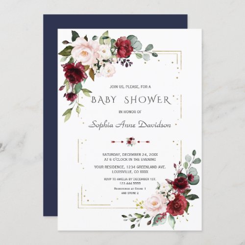 Burgundy Blush Floral Gold Glitter Baby Shower Invitation