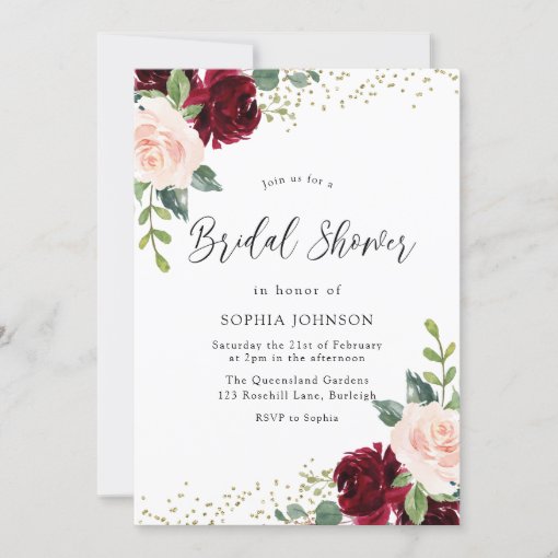 Burgundy Blush Floral Gold Glitter Bridal Shower Invitation | Zazzle