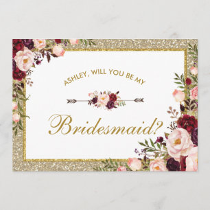 Burgundy Blush Floral Gold Glitter Bridesmaid Card