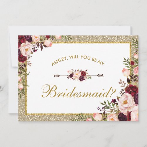 Burgundy Blush Floral Gold Glitter Bridesmaid Card