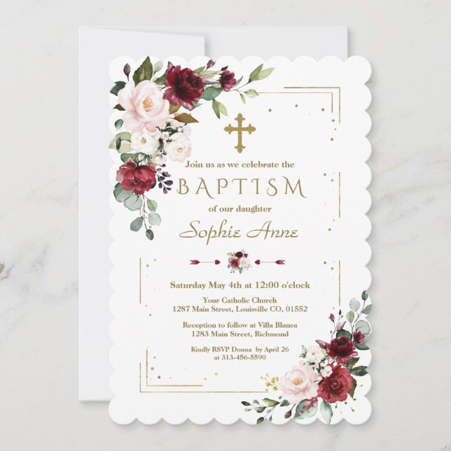 Burgundy Blush Floral Gold Glitter Frame Baptism Invitation (Front)