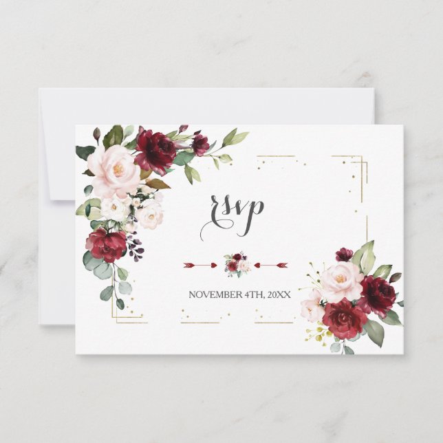 Burgundy Blush Floral Gold Glitter Frame Wedding RSVP Card (Front)