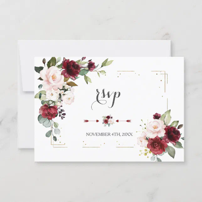 Burgundy Blush Floral Gold Glitter Frame Wedding RSVP Card | Zazzle