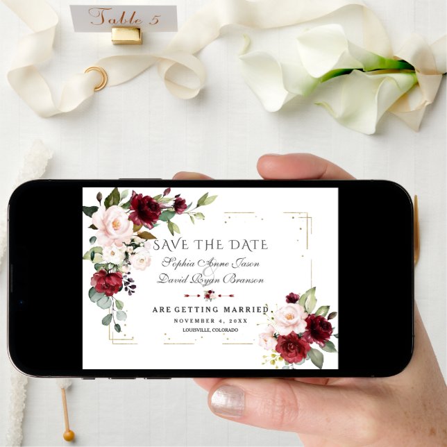 Burgundy Blush Floral Gold Glitter Frame Wedding Save The Date (Front Digital)